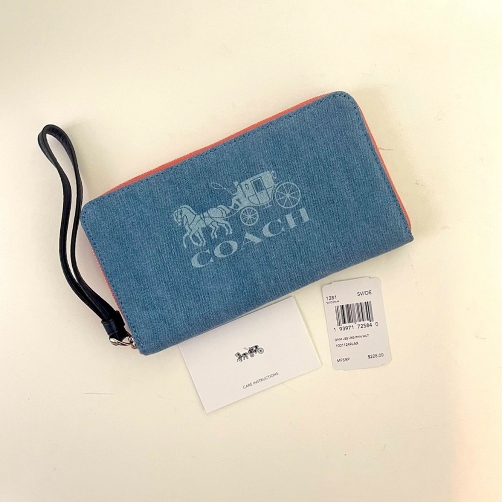 Coach Denim Blue Zip Around Wristlet Wallet with Pink Trim